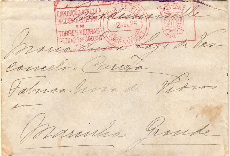 3349 f.jpg -     Lote:    3349 (frente)      Lotes pelo Correio              Descrição:         Flâmulas publicitárias. 1924/26 &mdash; Ceres. Sobrescrito circulado de Torres Vedras (02.08.26) para a Marinha Grande com selo de 40 reis castanho CE283, obliterados com flâmula mecânica da "EXPOSIÇÃO AGRÍCOLA, PECUÁRIA E INDUSTRIAL EM TORRES VEDRAS" impressa a vermelho.        Carta       Valor Base:     &euro; 6,00     Valor Venda:     &euro;      